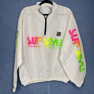 Vintage 80s 90s Surf Style Quarter Zip Windbreaker Pullover Jacket White Neon OS